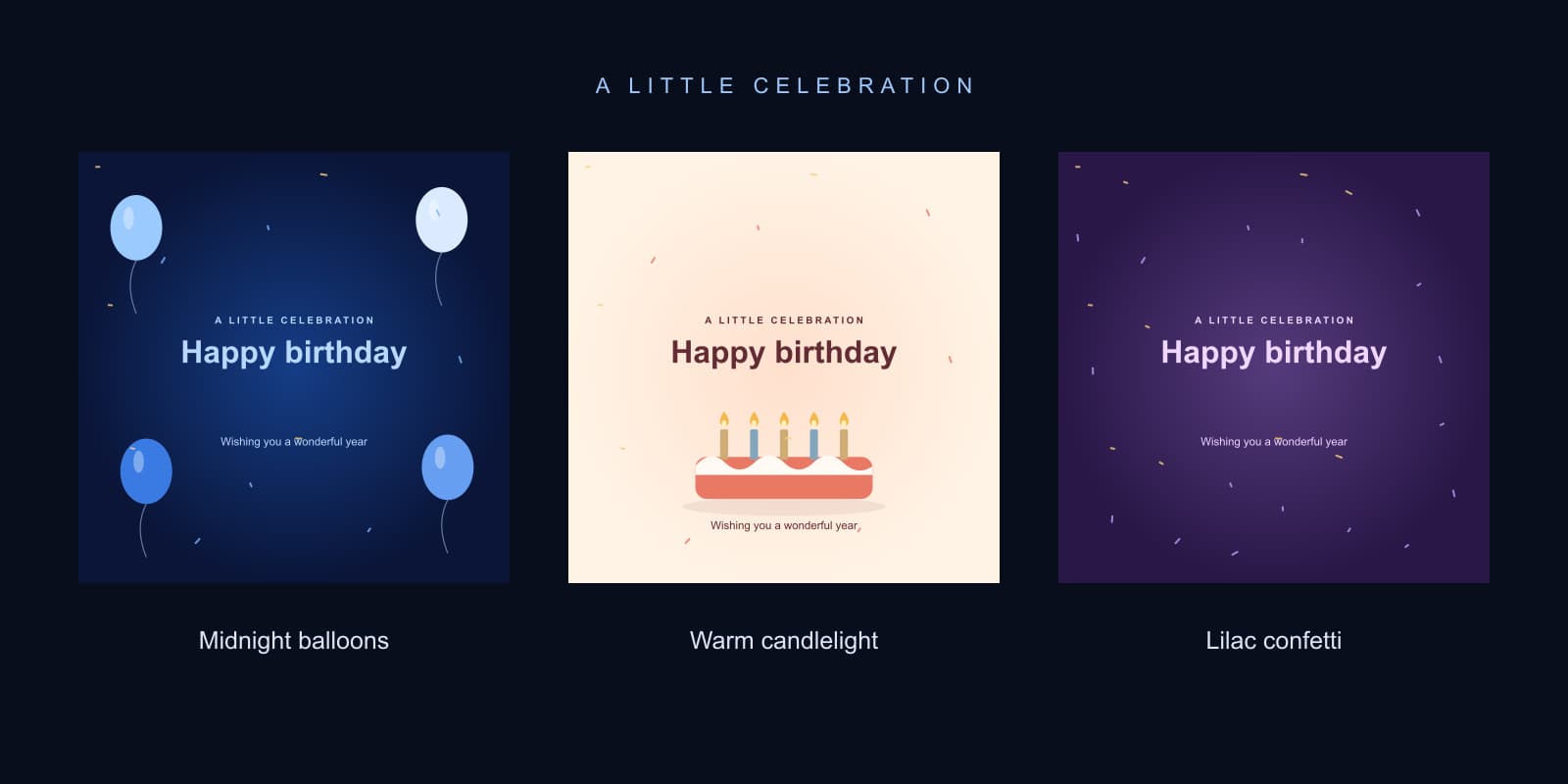 Three original birthday greeting designs with midnight blue balloons cream candlelight and lilac confetti