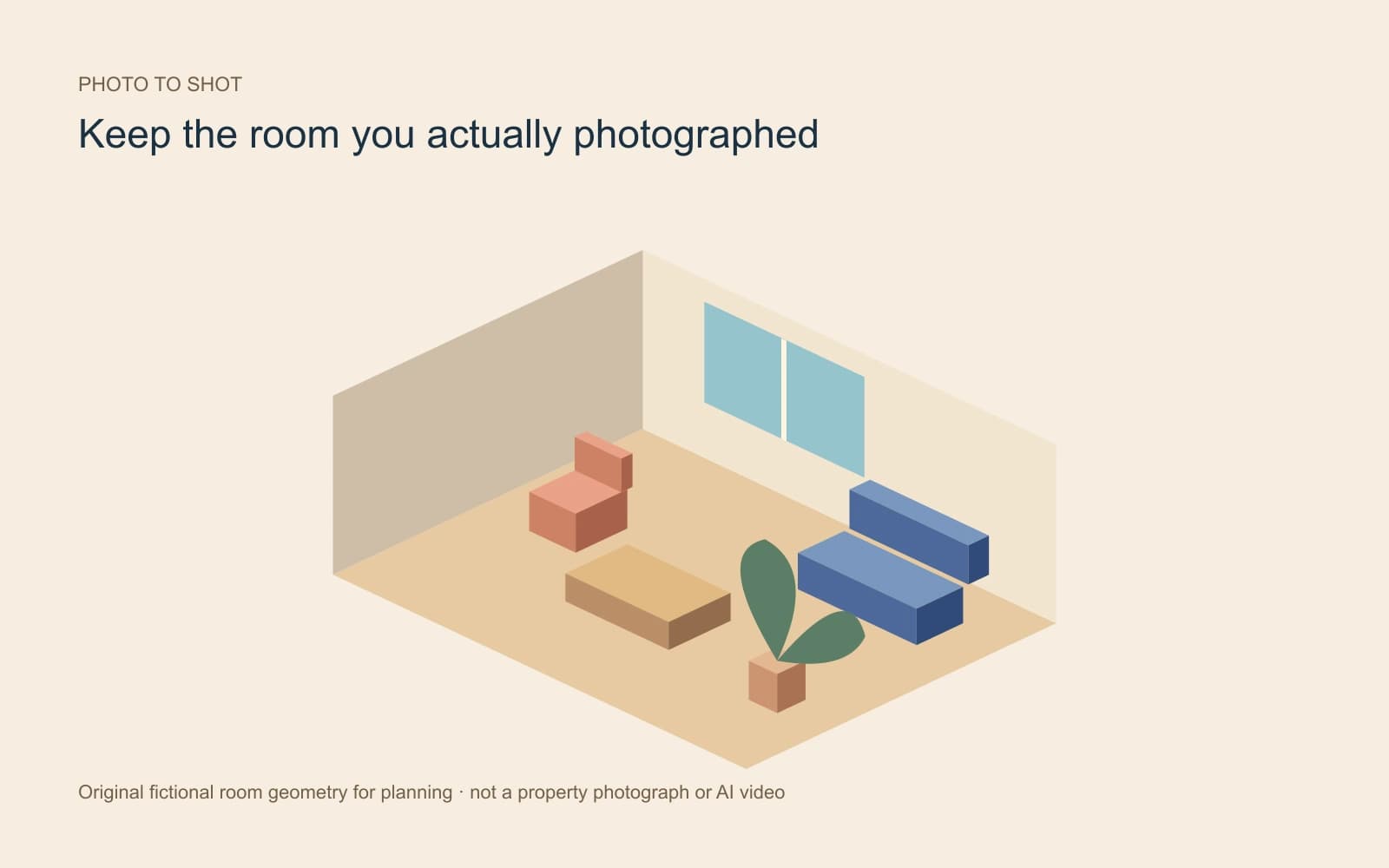 Original fictional room geometry with a blue sofa, coral chair, window and table