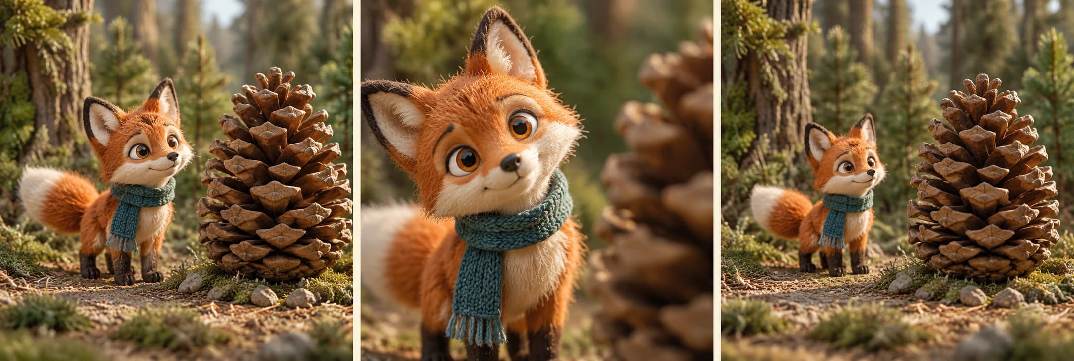 Original three-panel fox and pinecone story concept in a woodland