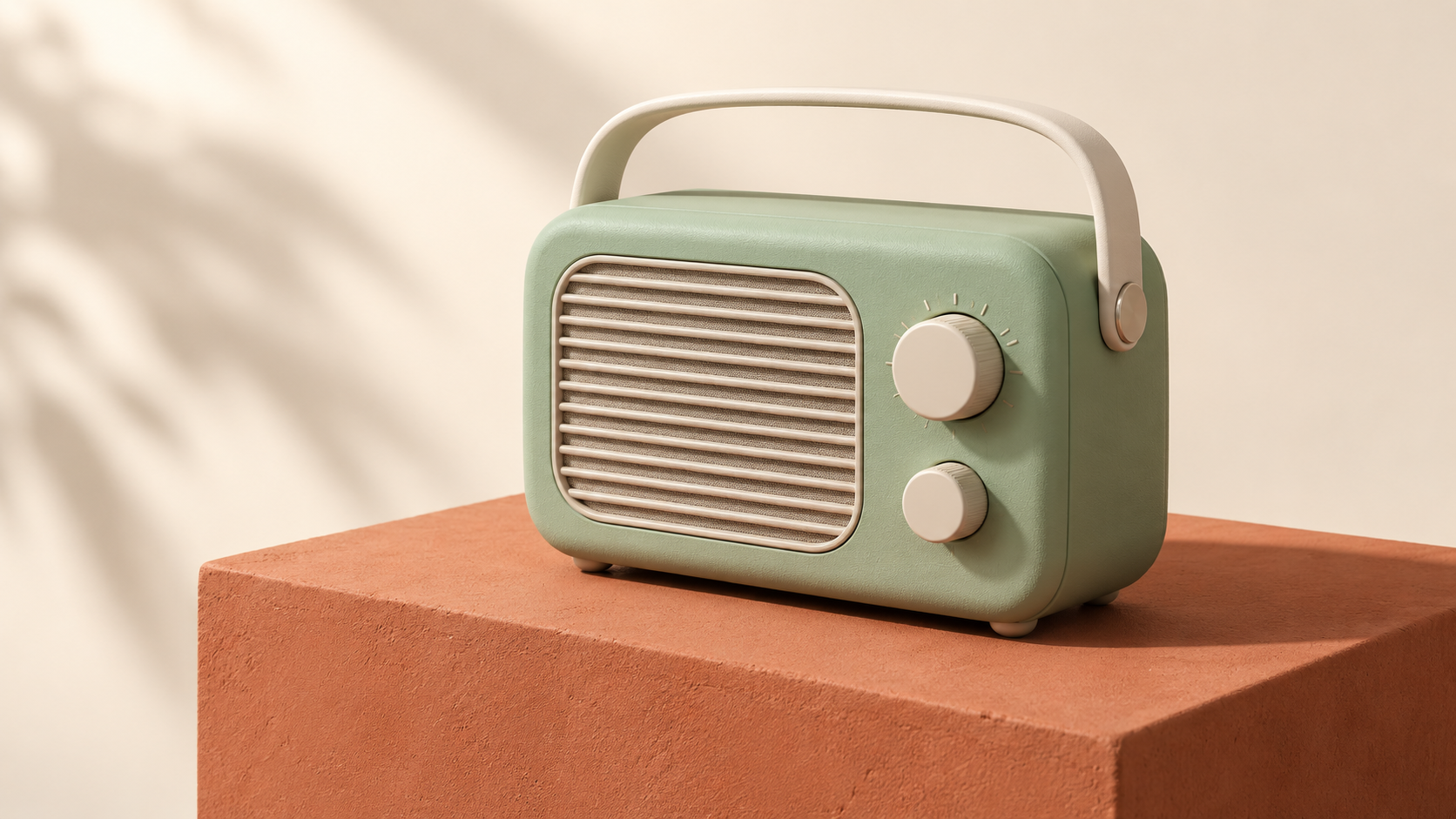 Mint radio with an ivory handle on a terracotta plinth
