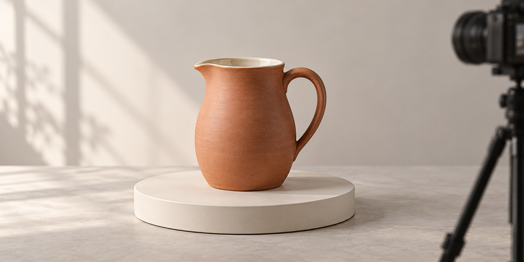 Original fictional terracotta jug with cream interior and one curved handle on a cream product photography turntable