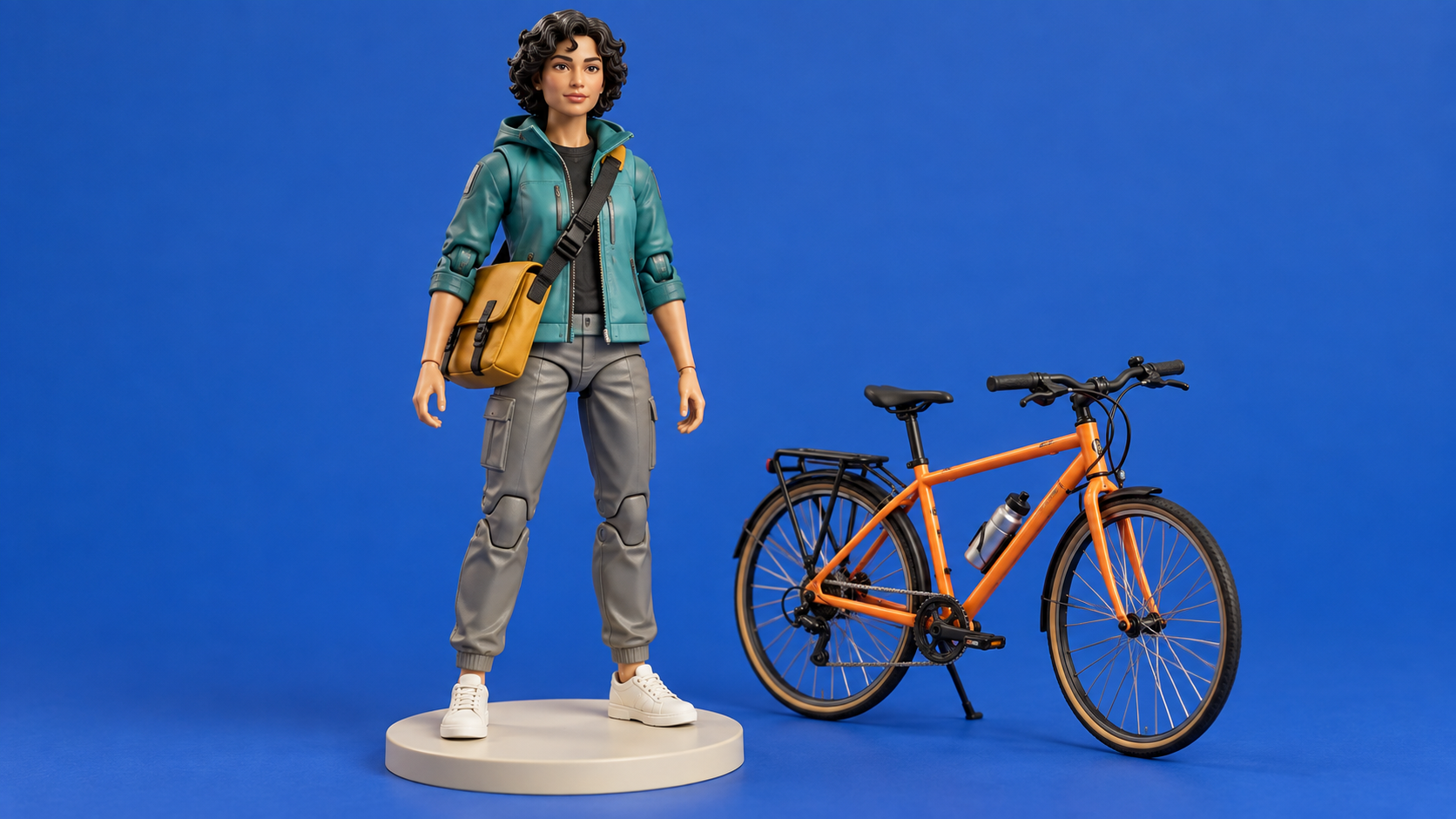 Full-body teal-jacket bicycle courier collectible figure with a mustard bag and orange bicycle accessory