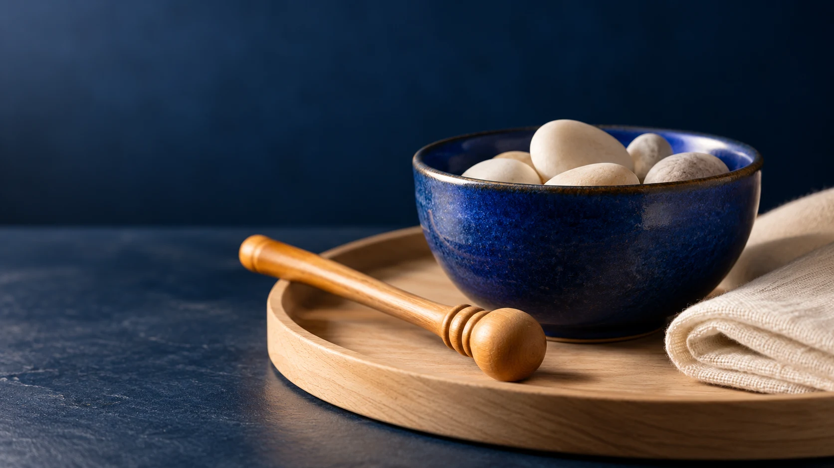 Original editorial concept of a cobalt bowl of cream pebbles with a wooden tapping stick and linen on a pale wood tray