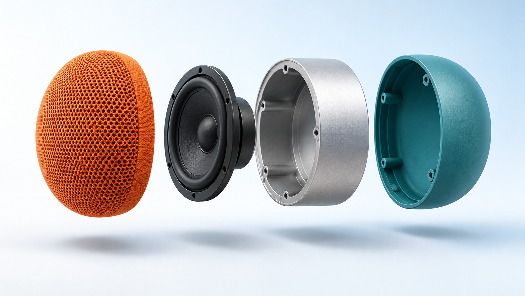 Four separated stylized components of an orange and teal tabletop speaker