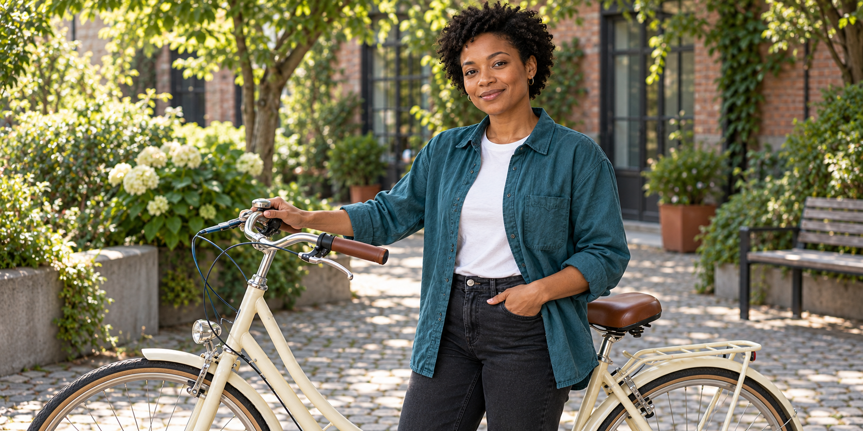 Originale KI-Fotografie der fiktiven Fahrraddesignerin im türkisen Overshirt neben einem cremefarbenen Fahrrad in einem begrünten Innenhof