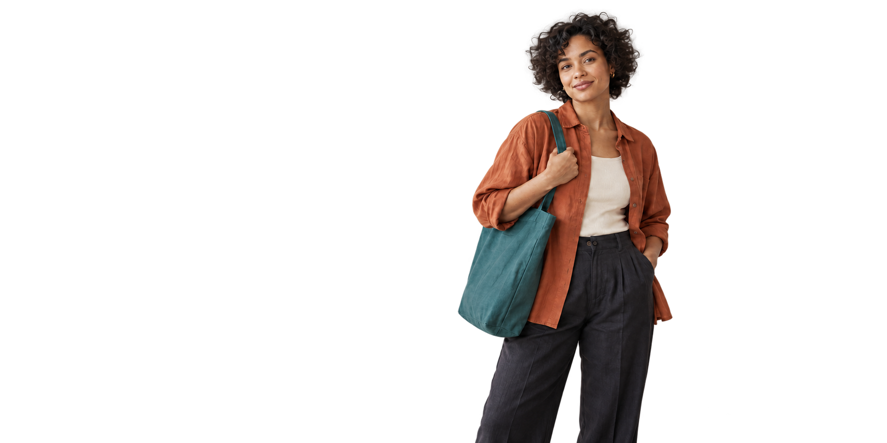 Original generated transparent creator cutout retaining curly hair cinnamon overshirt dark trousers and a teal tote