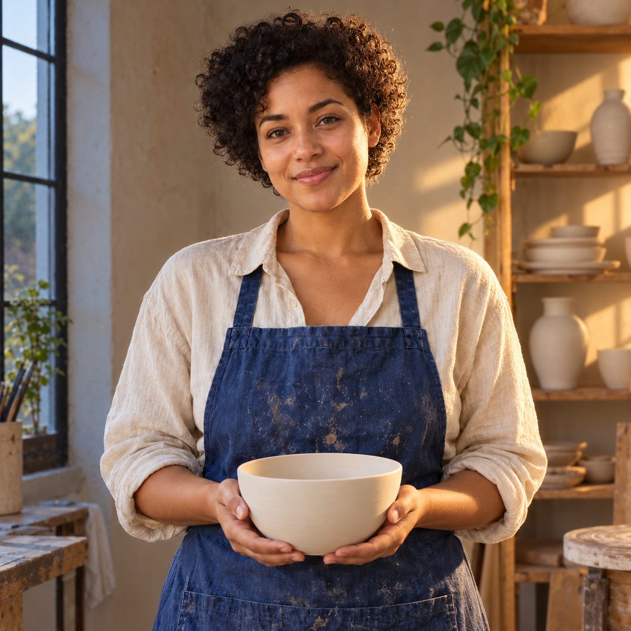 Edited ceramic artist portrait with warm highlights on the right curls shirt and bowl and cooler left-side light