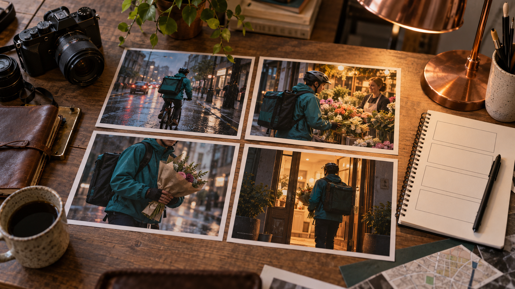 Filmmaker desk with four storyboard photographs of a teal-jacket courier delivering flowers