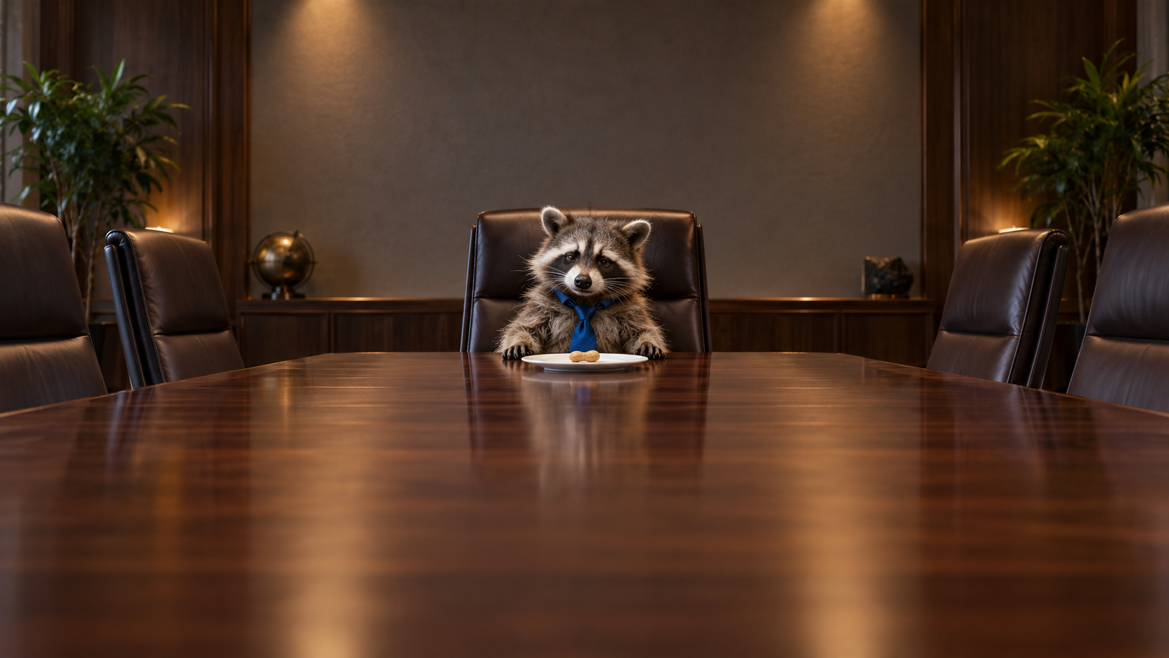 AI-generated raccoon in a cobalt tie at a large boardroom table with a tiny peanut