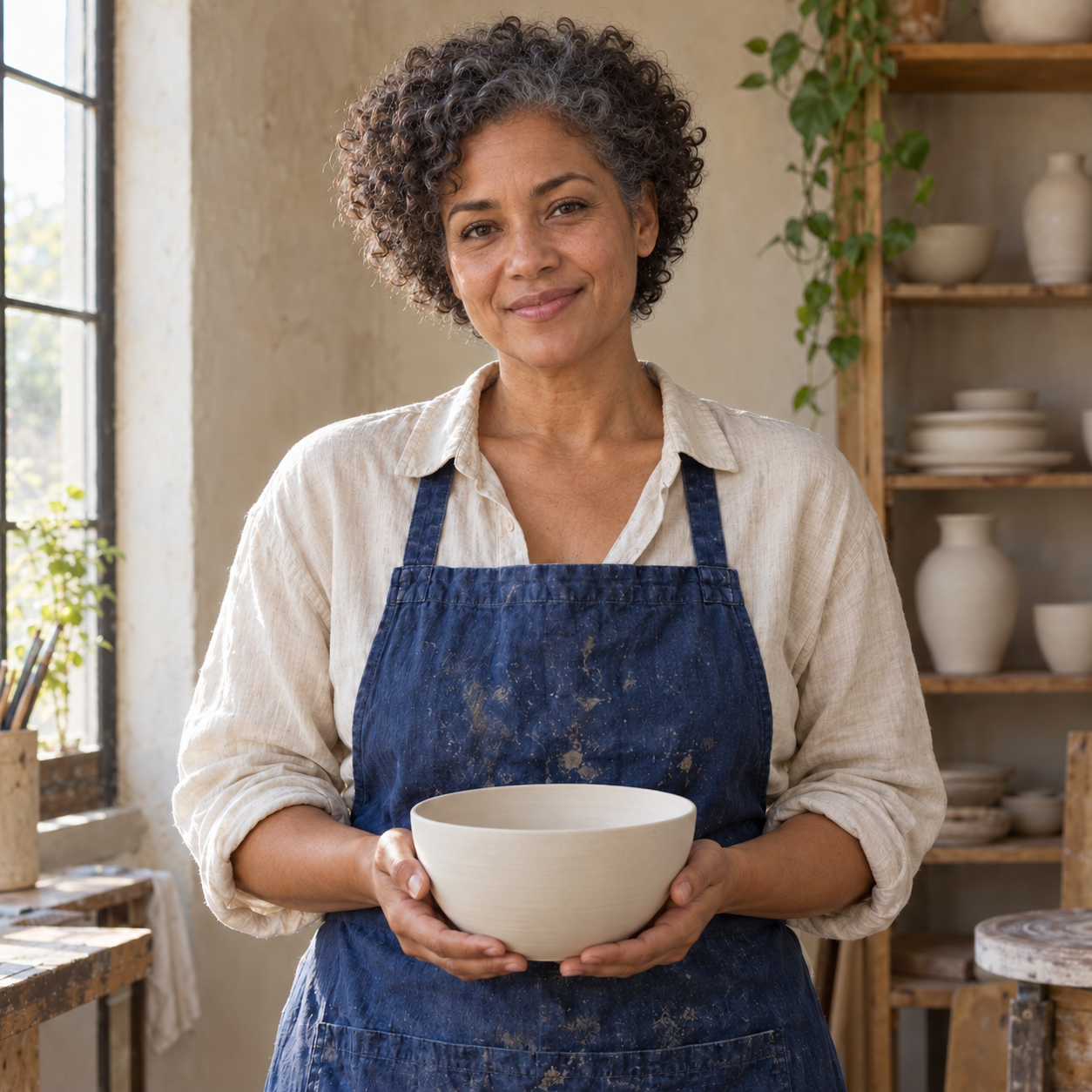 Older-looking interpretation of the ceramic artist with gray curls and mature facial texture