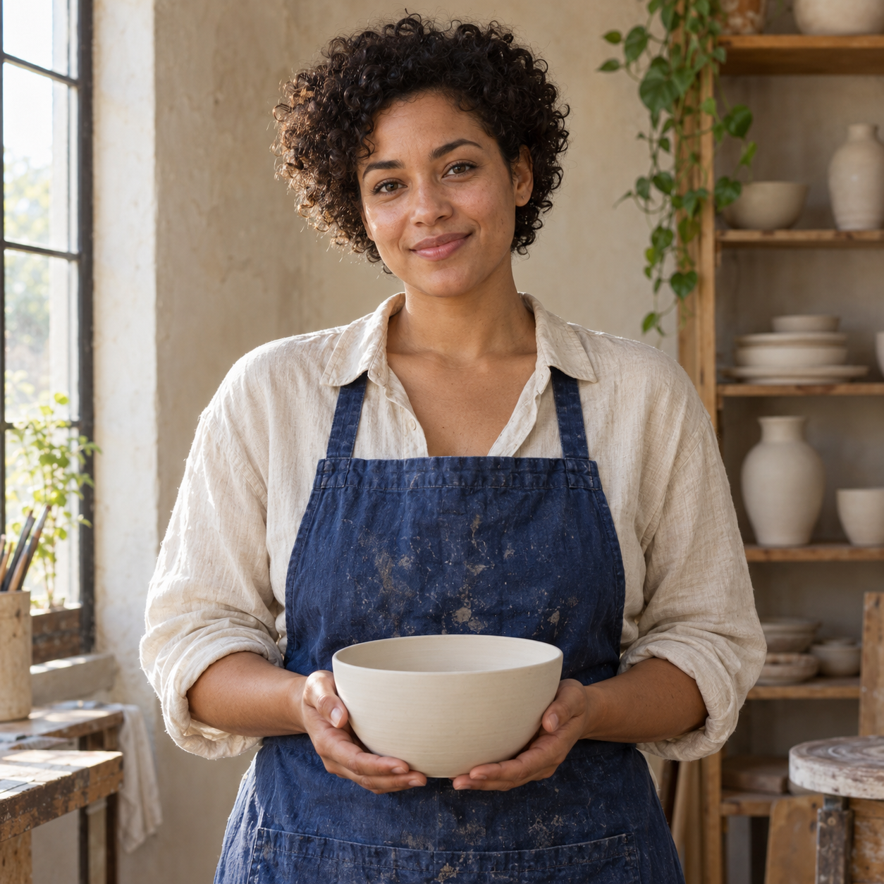 Original fictional ceramic artist in a pottery workshop with soft daylight from the left