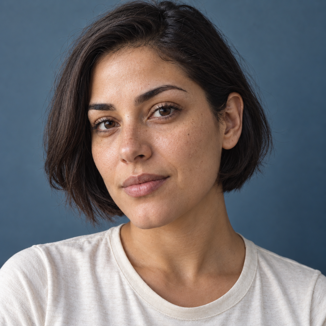 Reference-based edited portrait with reduced cheek redness and visible fine skin texture