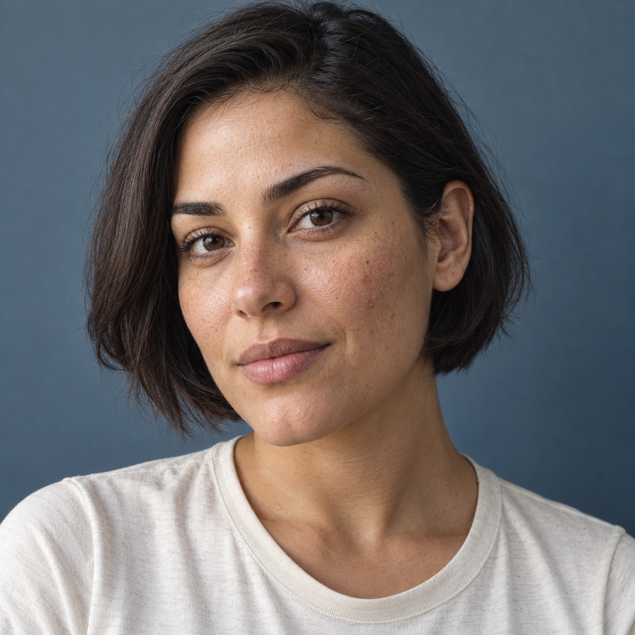 Original fictional woman with a dark bob freckles and small cheek blemishes against a slate-blue backdrop