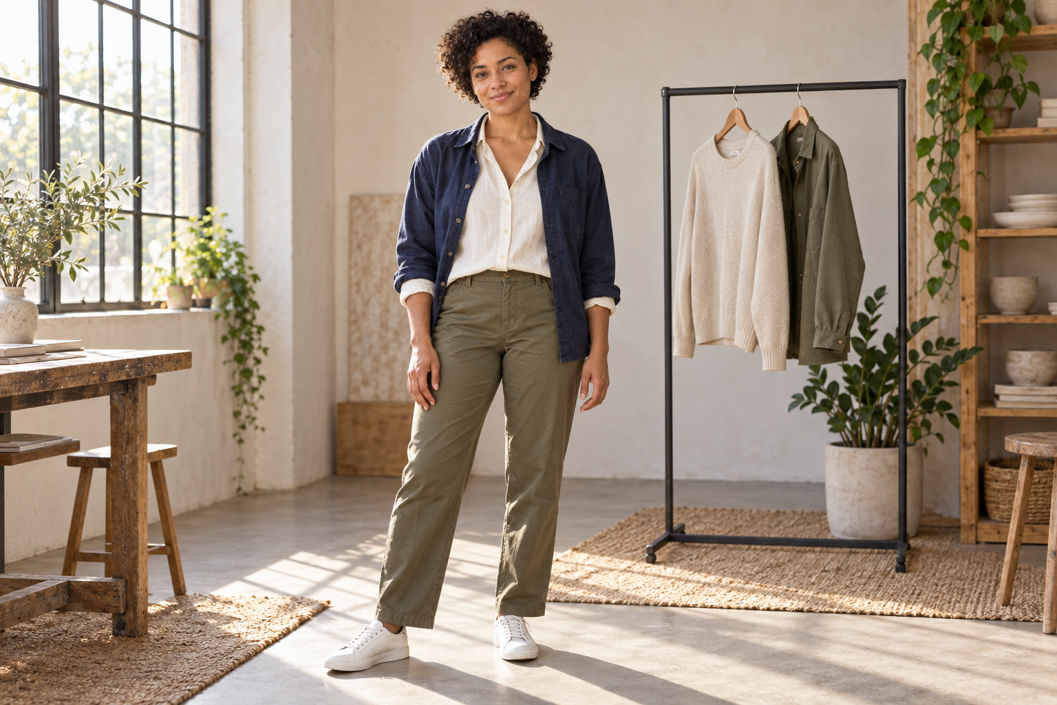 Original fictional creator wearing an ivory shirt olive trousers navy overshirt and white trainers in a styling studio