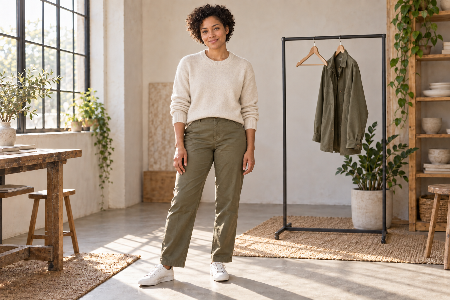 Same fictional styling direction with an ivory knit replacing the shirt and overshirt