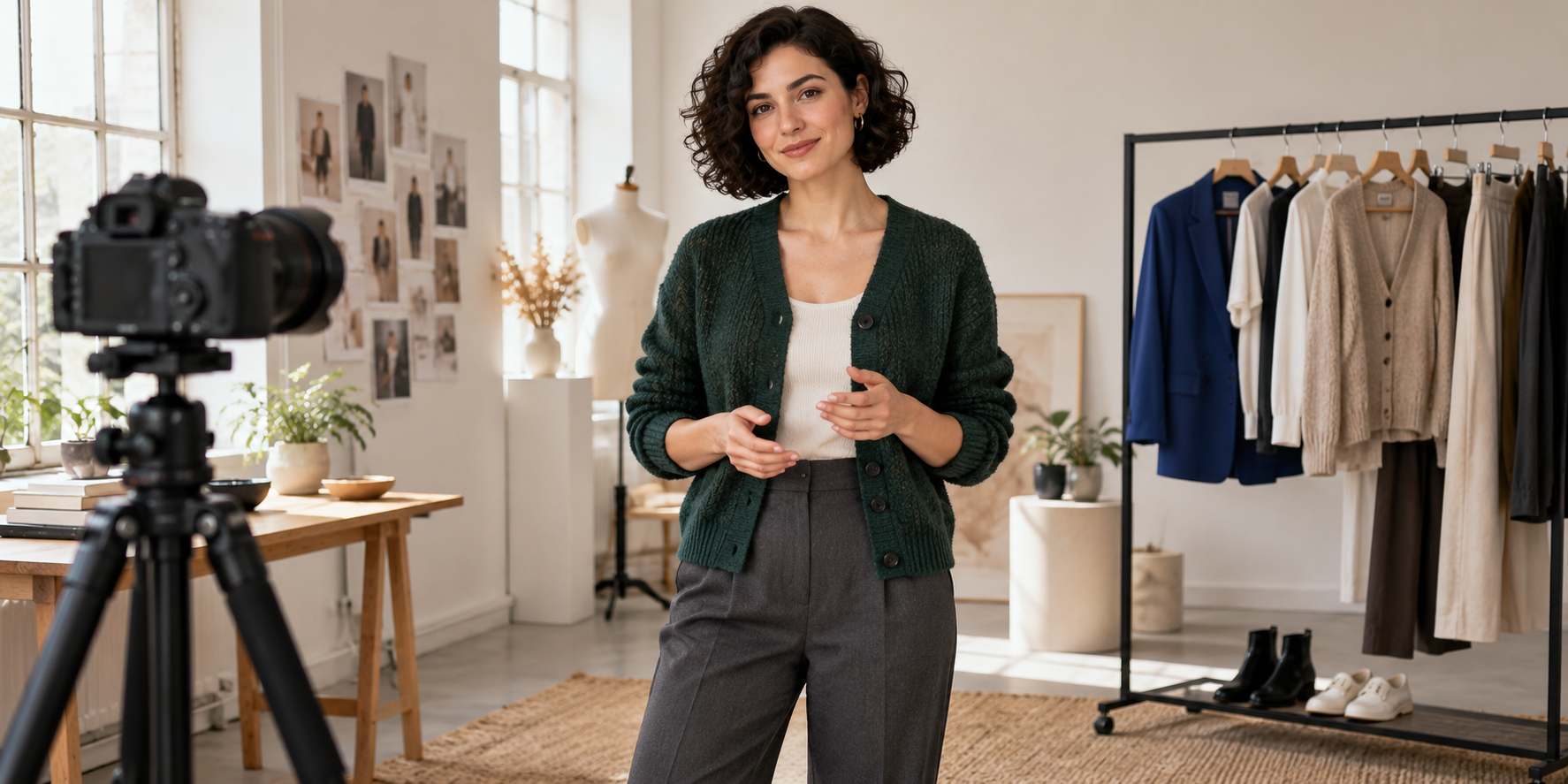 Original fictional fashion creator with a dark curly bob wearing a green cardigan beside a filming camera and wardrobe rail