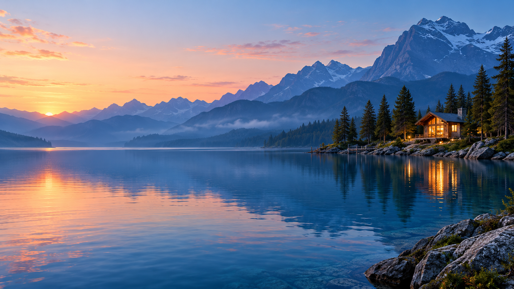 AI-generated blue alpine lake with an illuminated cabin on the far right and layered mountains at dawn