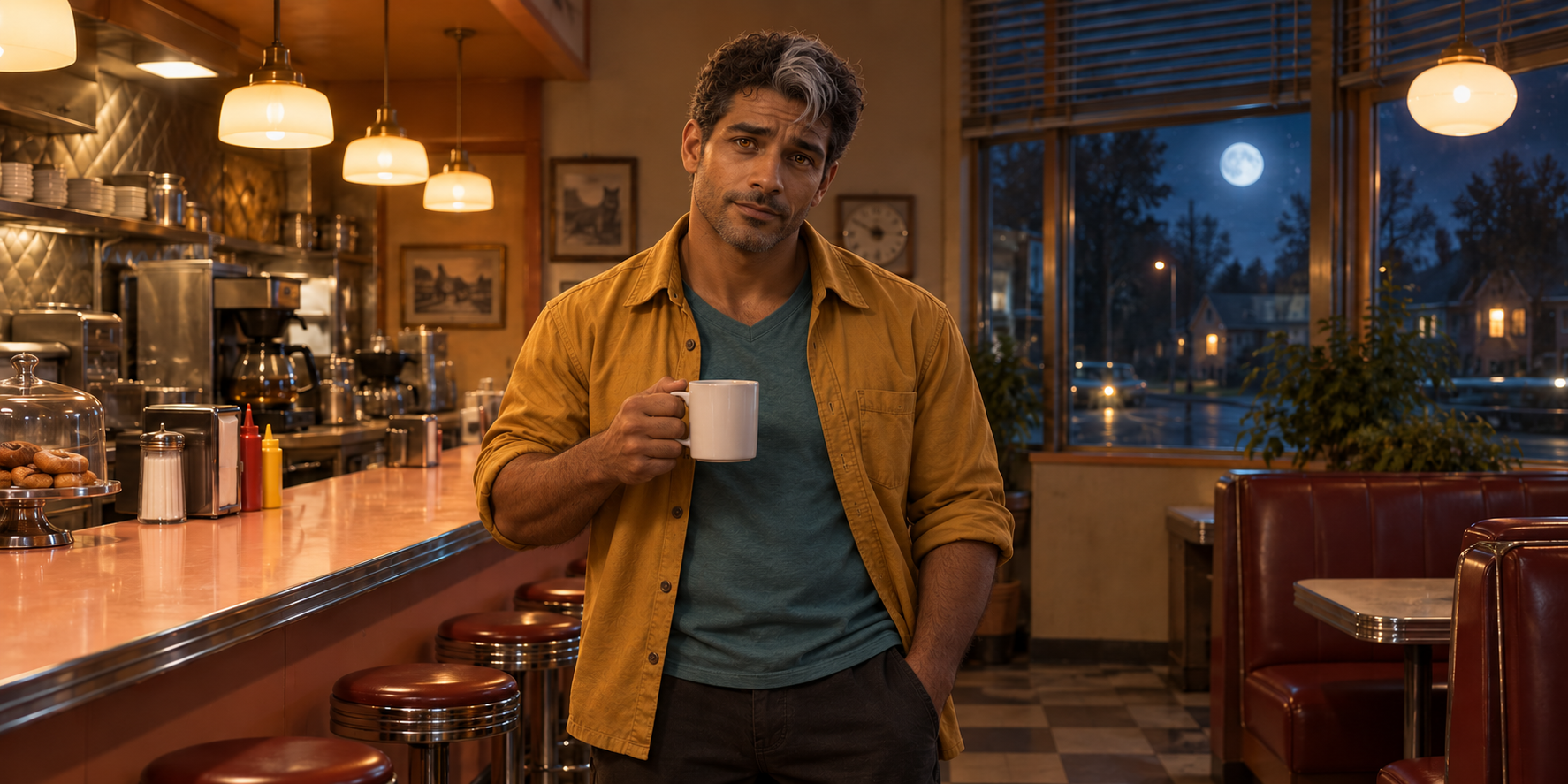 Original generated human planning reference wearing a mustard overshirt and holding a white coffee mug in a moonlit diner
