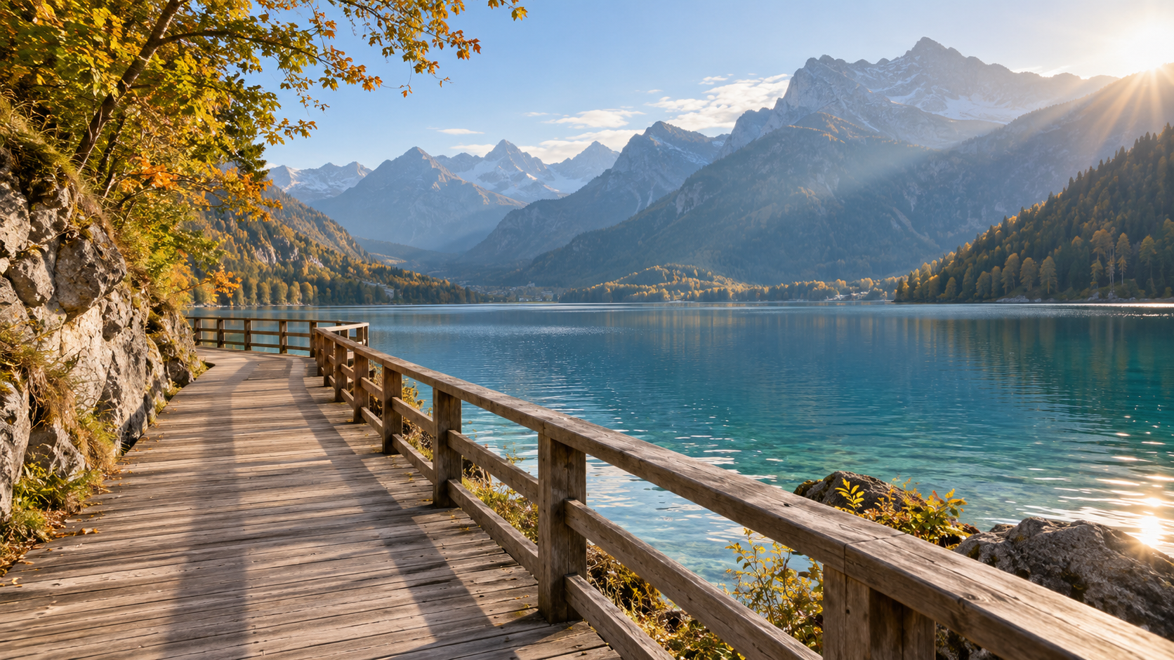 Empty wooden boardwalk beside a blue-green alpine lake with distant mountains in morning light