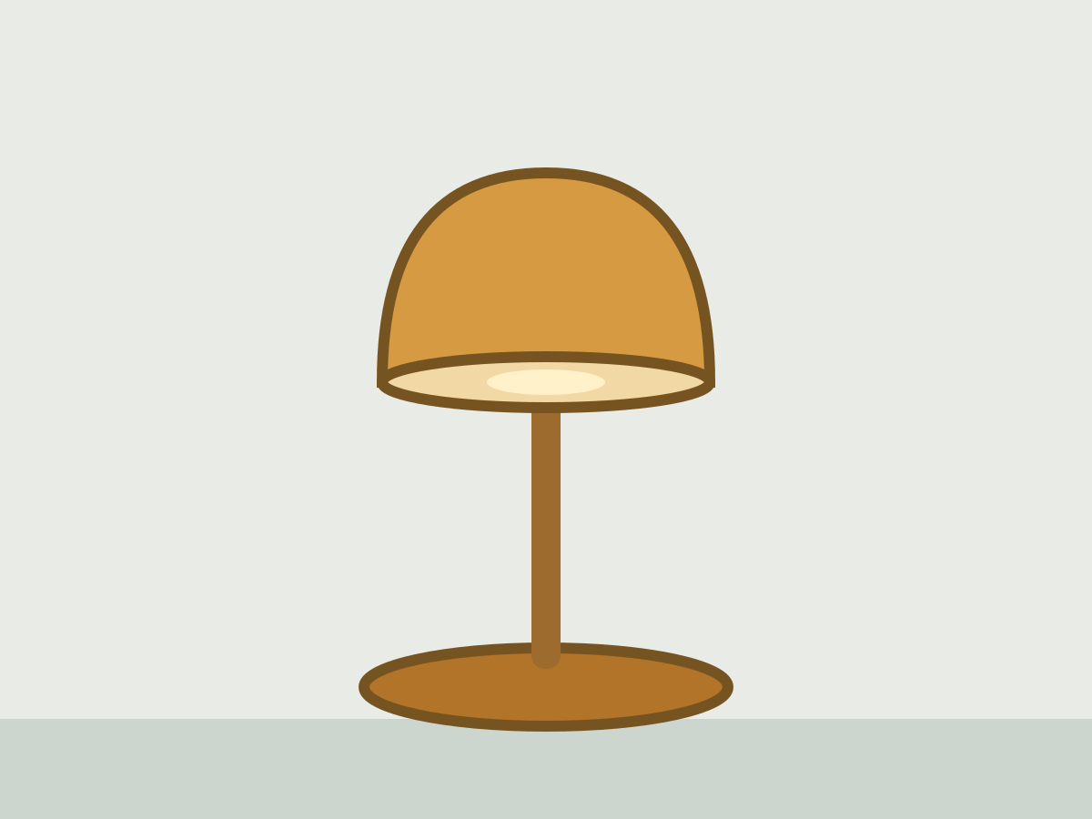 Original amber desk lamp concept with a curved shade and oval base on a pale work surface