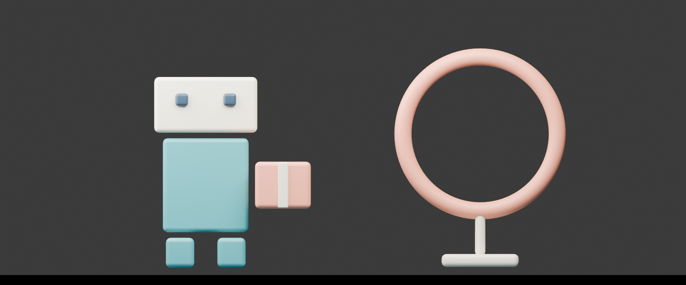 Original native teal courier robot with one coral parcel and a round coral display used as a composition planning reference