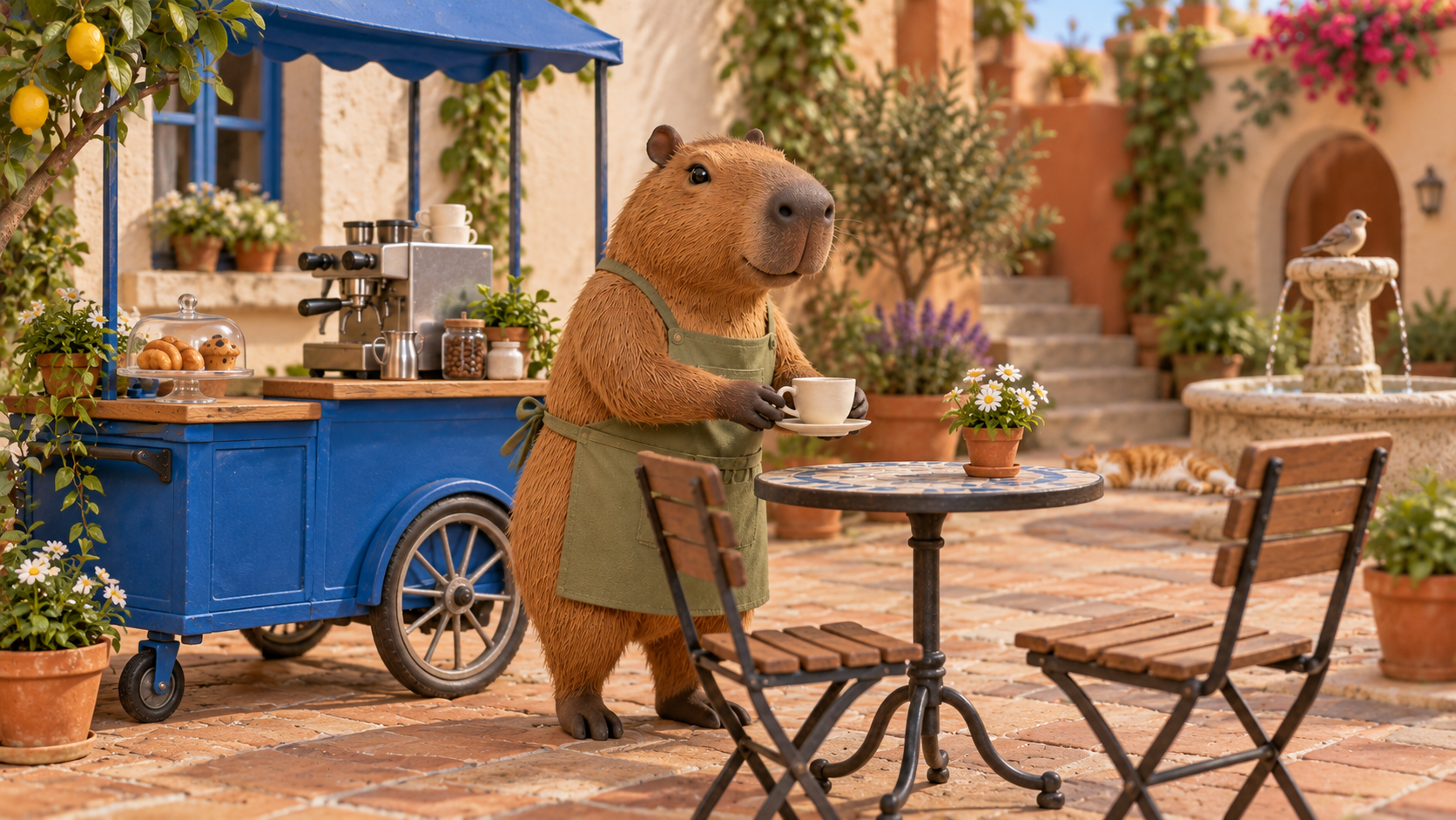 Reference-based follow-up of the capybara barista offering an ivory cup beside a cafe table and the cobalt cart
