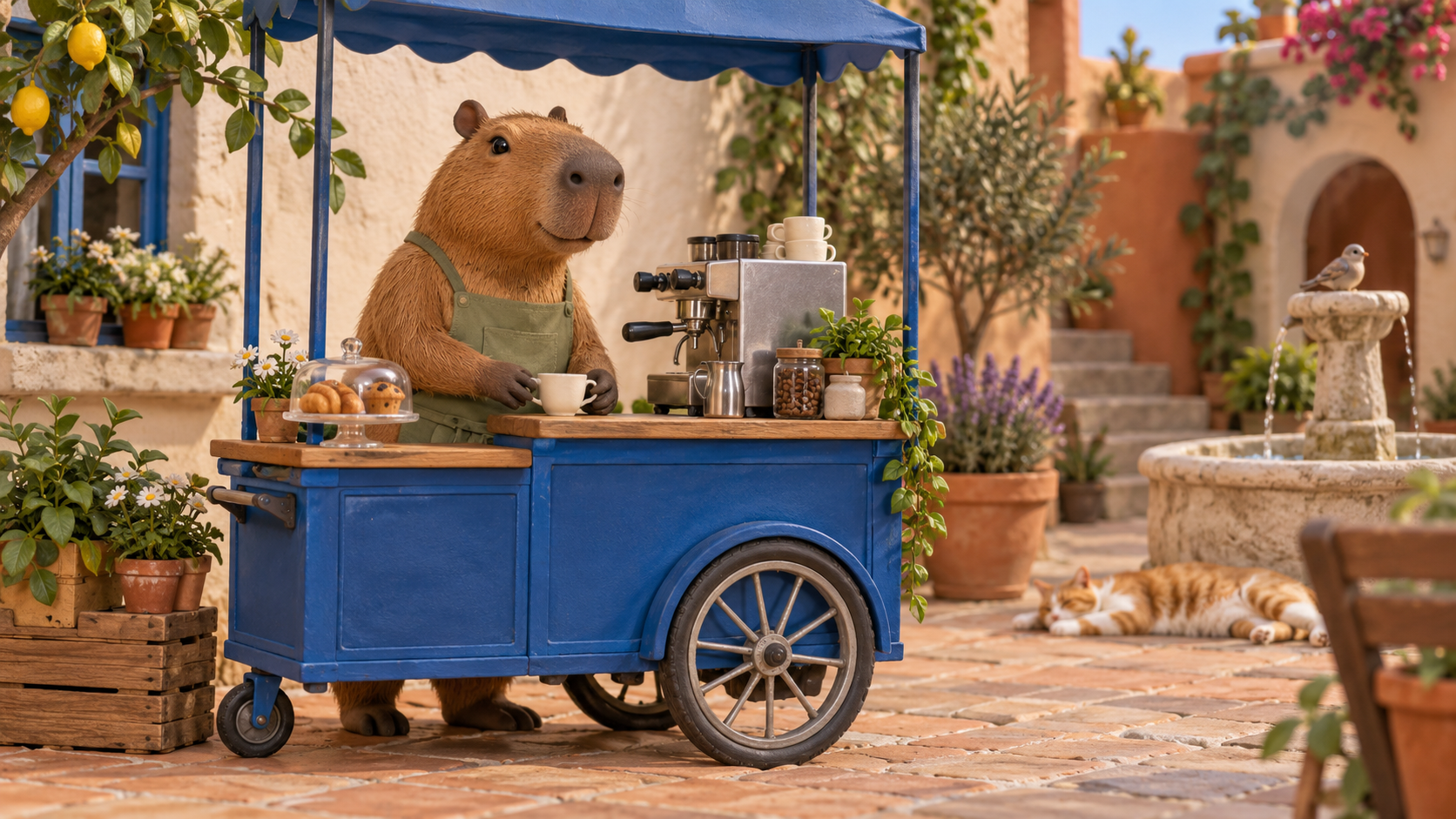 Original fictional capybara barista in a sage apron behind a cobalt espresso cart in a warm courtyard