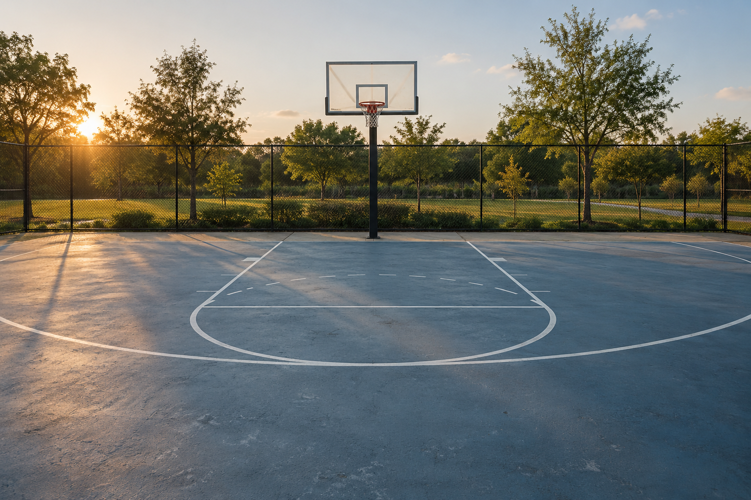Original fictional outdoor basketball court in warm daylight with one hoop and a tree-lined fence