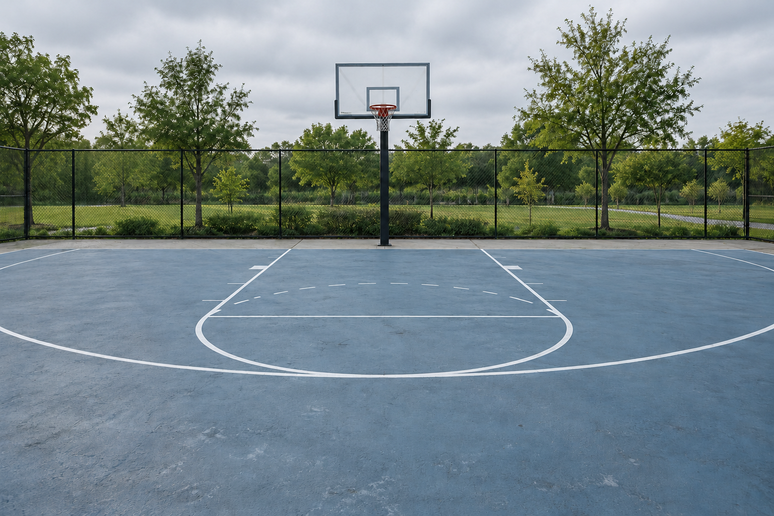Original fictional basketball court with soft overcast light and a recognizable hoop fence and court layout