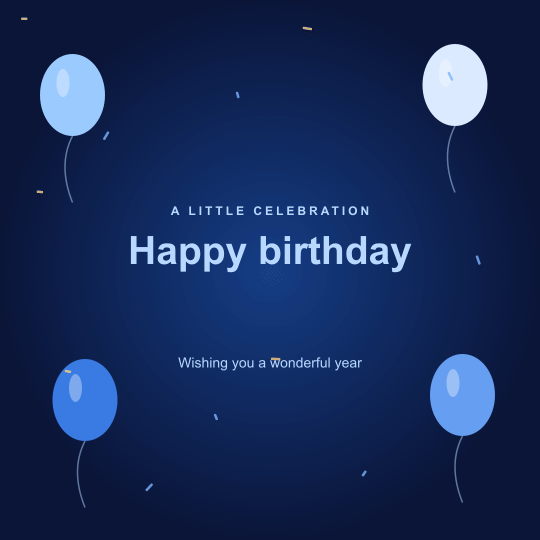 Blue birthday greeting with four gently floating balloons around stationary Happy birthday text