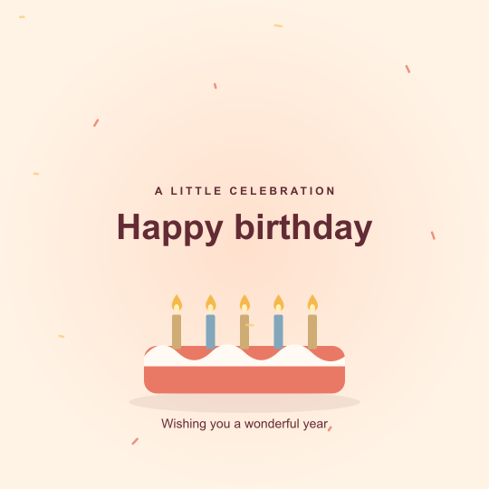 Cream and coral birthday card with an illustrated cake and gently moving candle flames