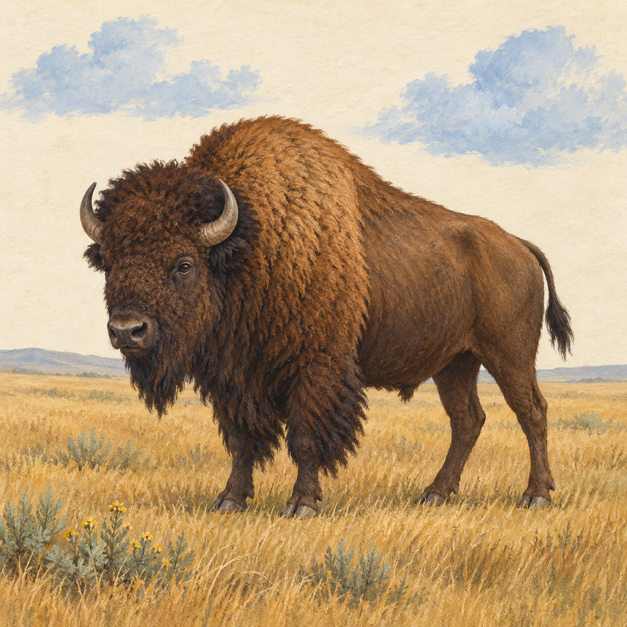 Original painted brown bison with a shaggy beard standing among golden grasses and sage plants on textured cream paper