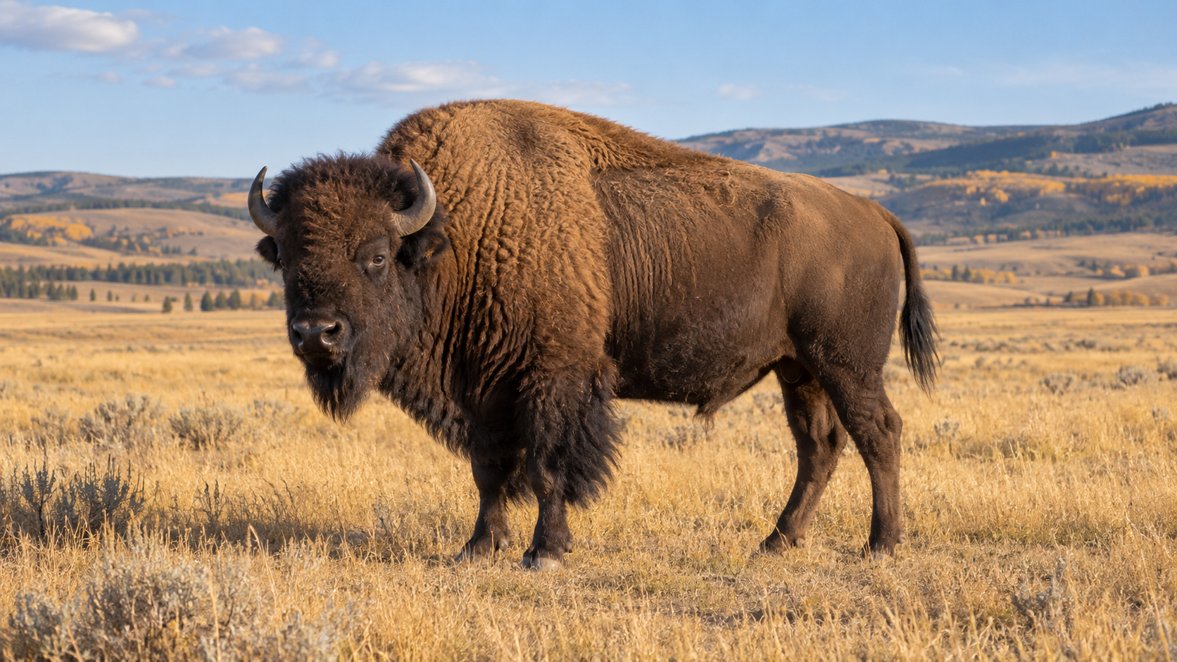 Original fictional bison with dark shaggy forequarters and a shoulder hump standing in golden prairie grass