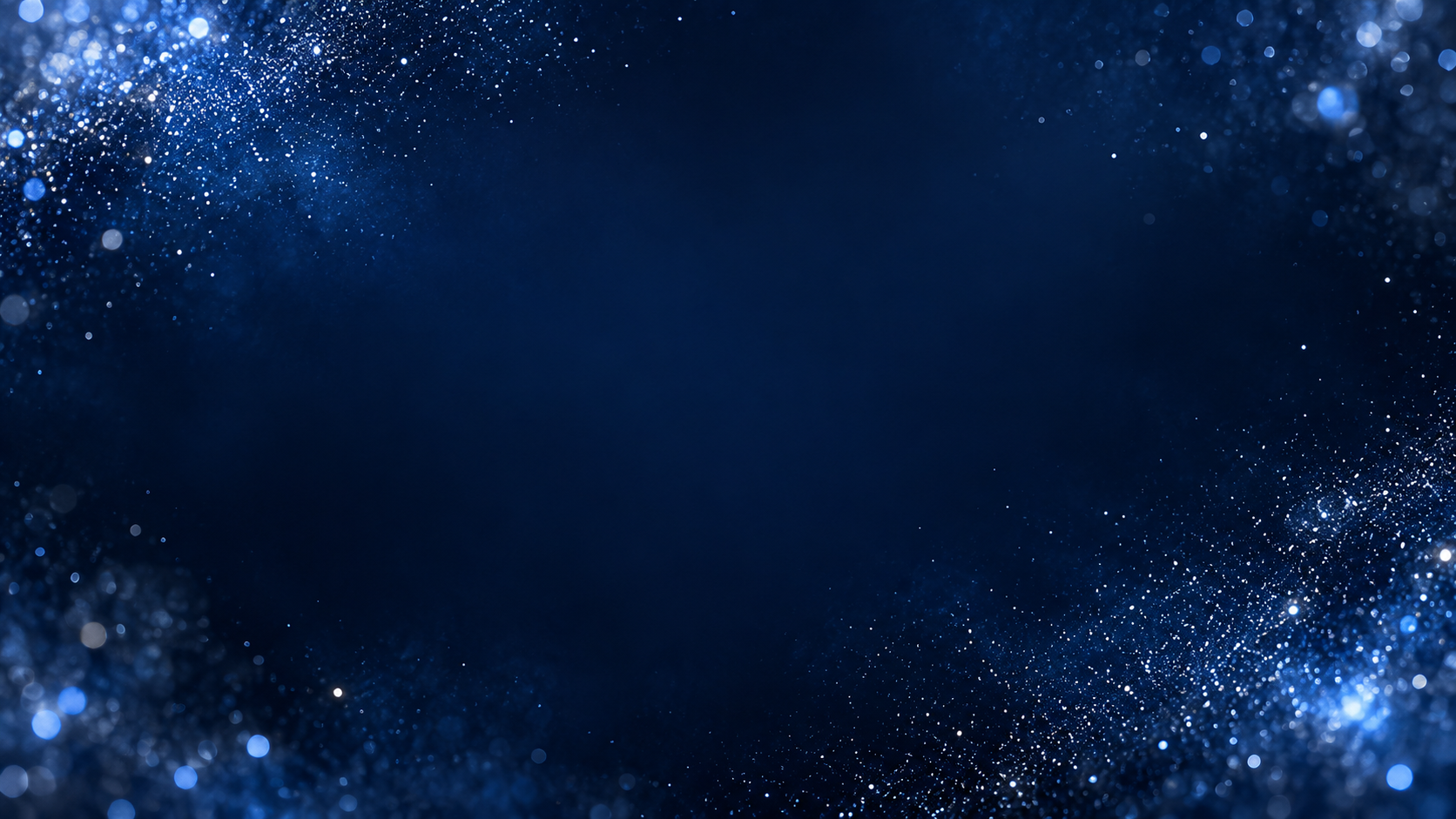 Midnight navy and cobalt abstract background with fine silver-blue particles around the corners