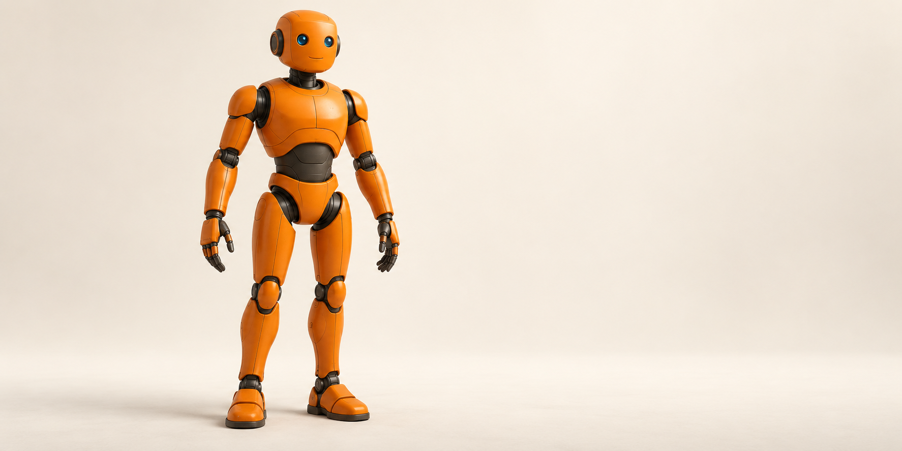 Original generated orange humanoid robot standing with separated arms and visible feet in an ivory studio