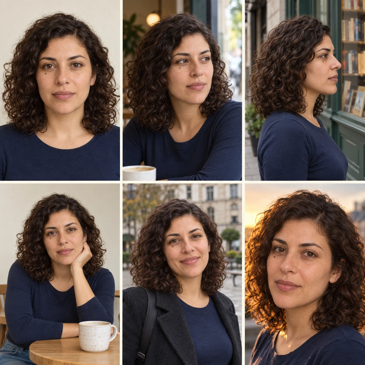 Six views of the fictional dark-haired character across framing and light changes