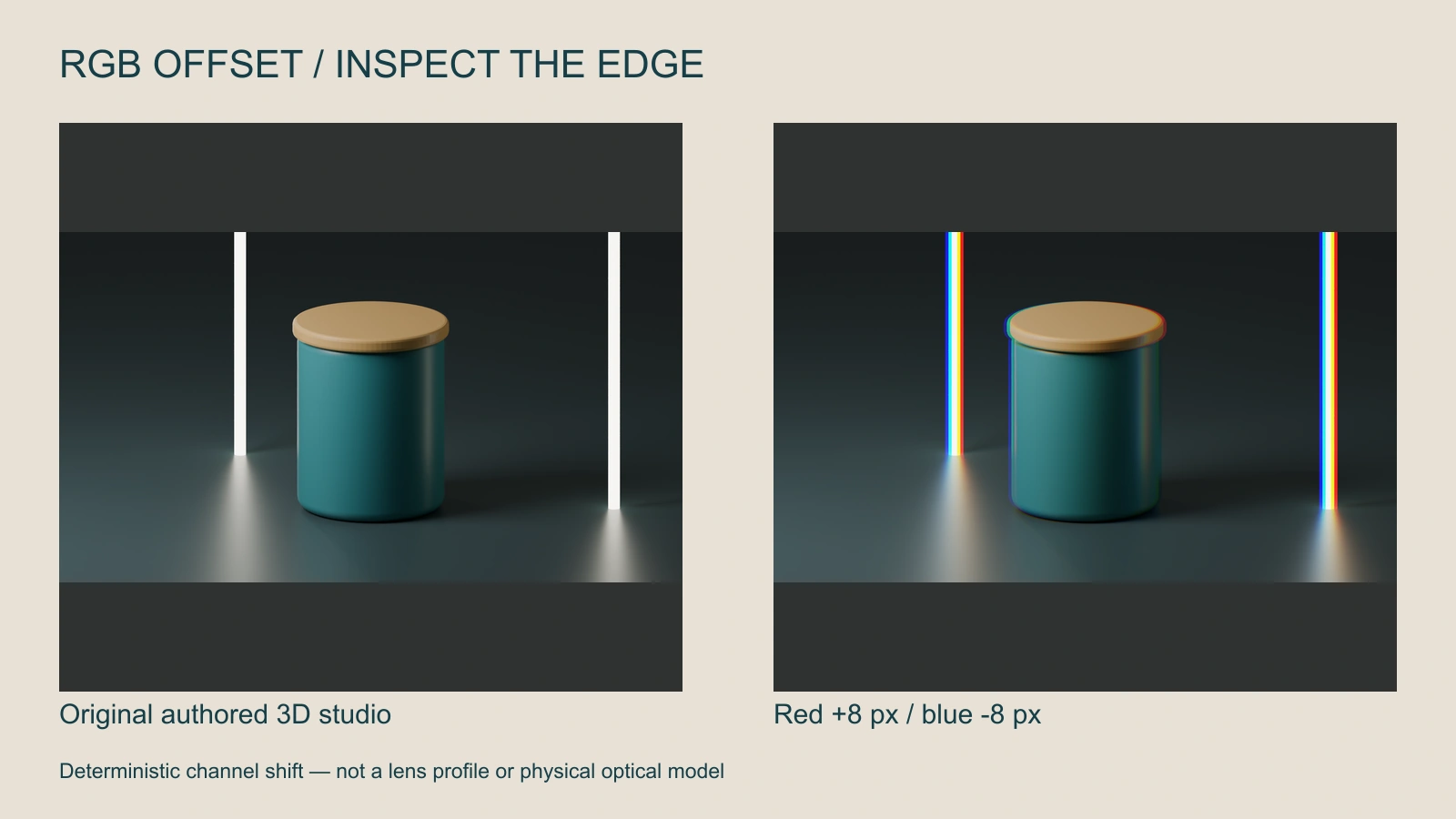 Original Blender jar scene compared with an eight-pixel red and blue channel displacement around high-contrast light tubes