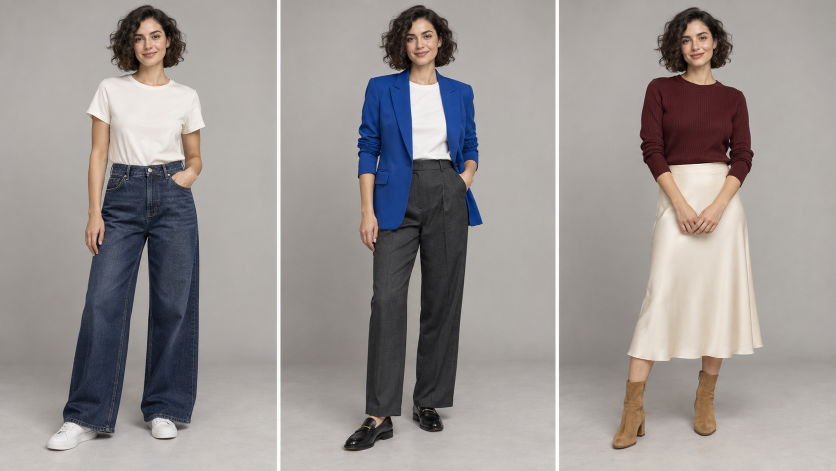 One fictional fashion creator in casual tailored and evening looks