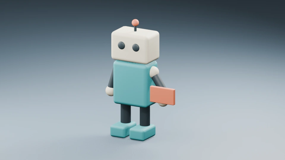 Original full-body teal courier robot with cream head and one coral envelope held low before the lift