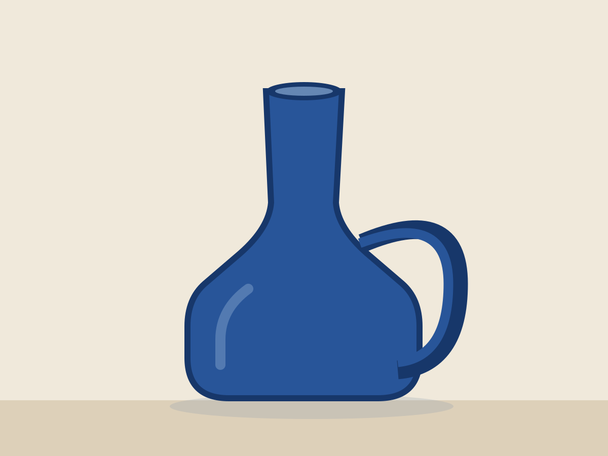 Original cobalt carafe concept illustration with a narrow neck and curved handle on an ivory tabletop
