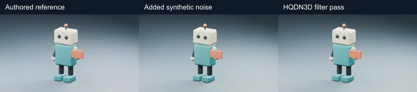 Three matching courier frames labeled authored reference added synthetic noise and HQDN3D filter pass