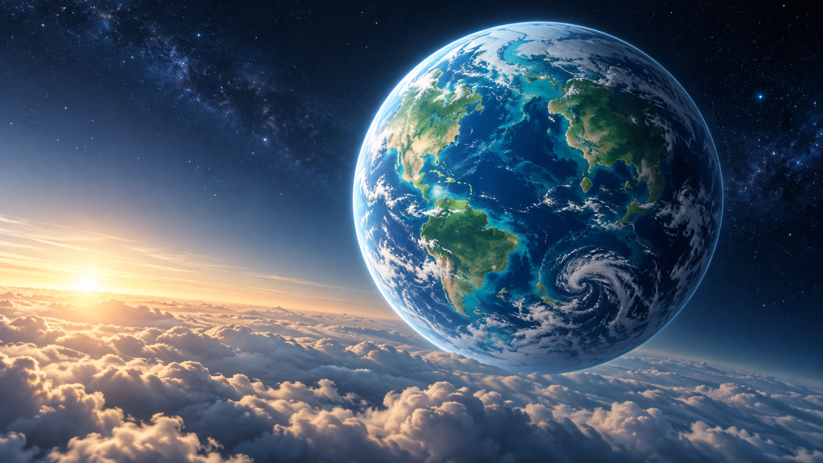 Stylized blue and teal planet above atmospheric clouds