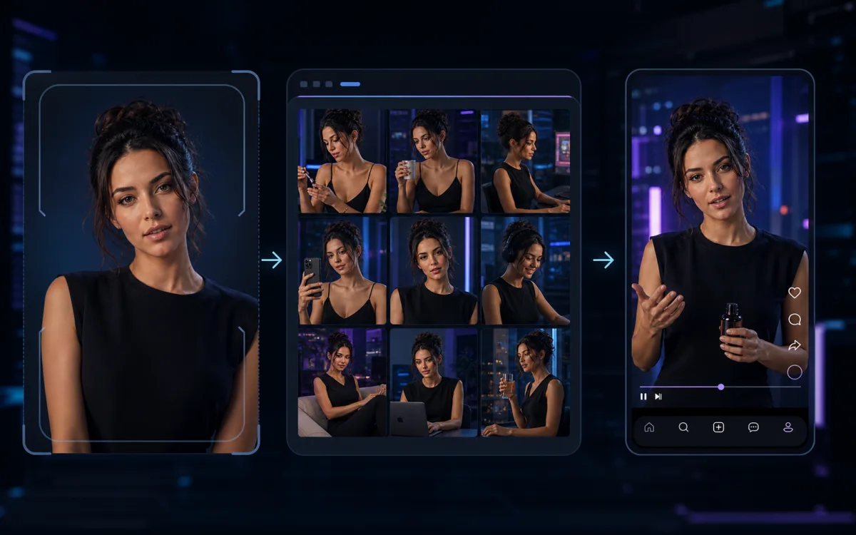 A consistent fictional AI influencer moving from identity portrait to social image batch and vertical video