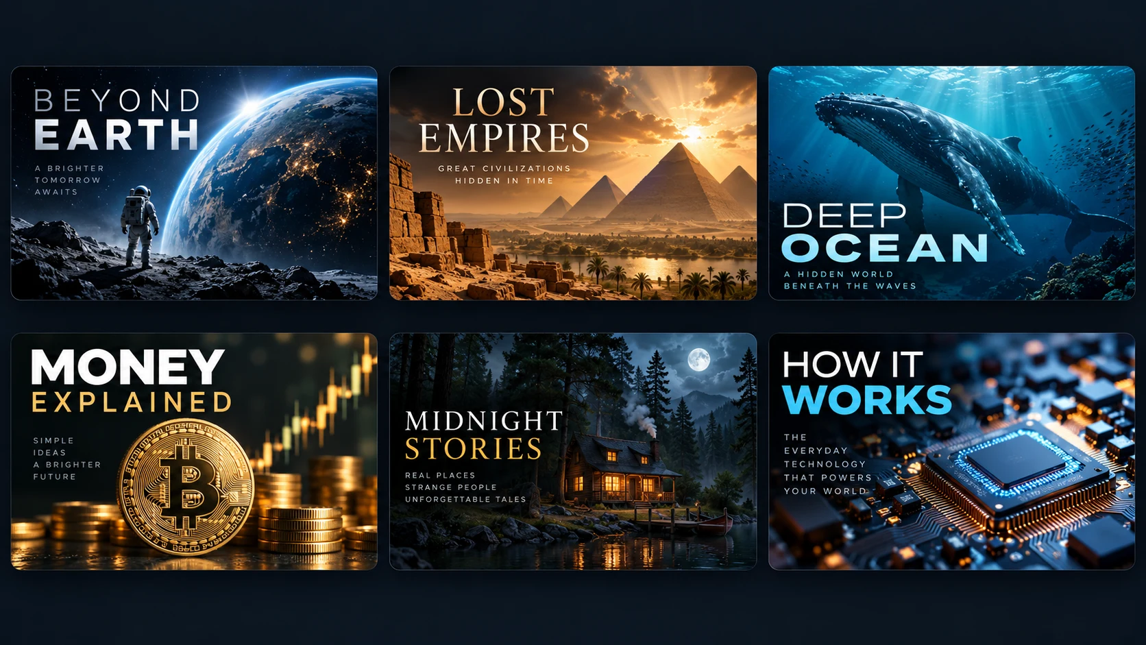 Six original faceless YouTube thumbnail concepts showing space, history, ocean, finance, storytelling, and technology