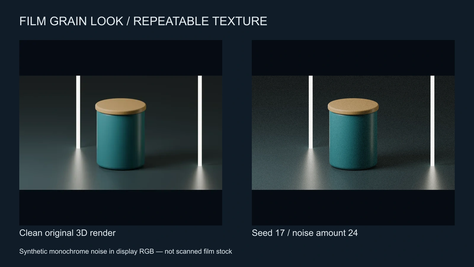 Original Blender studio render beside the same image with seeded monochrome digital noise