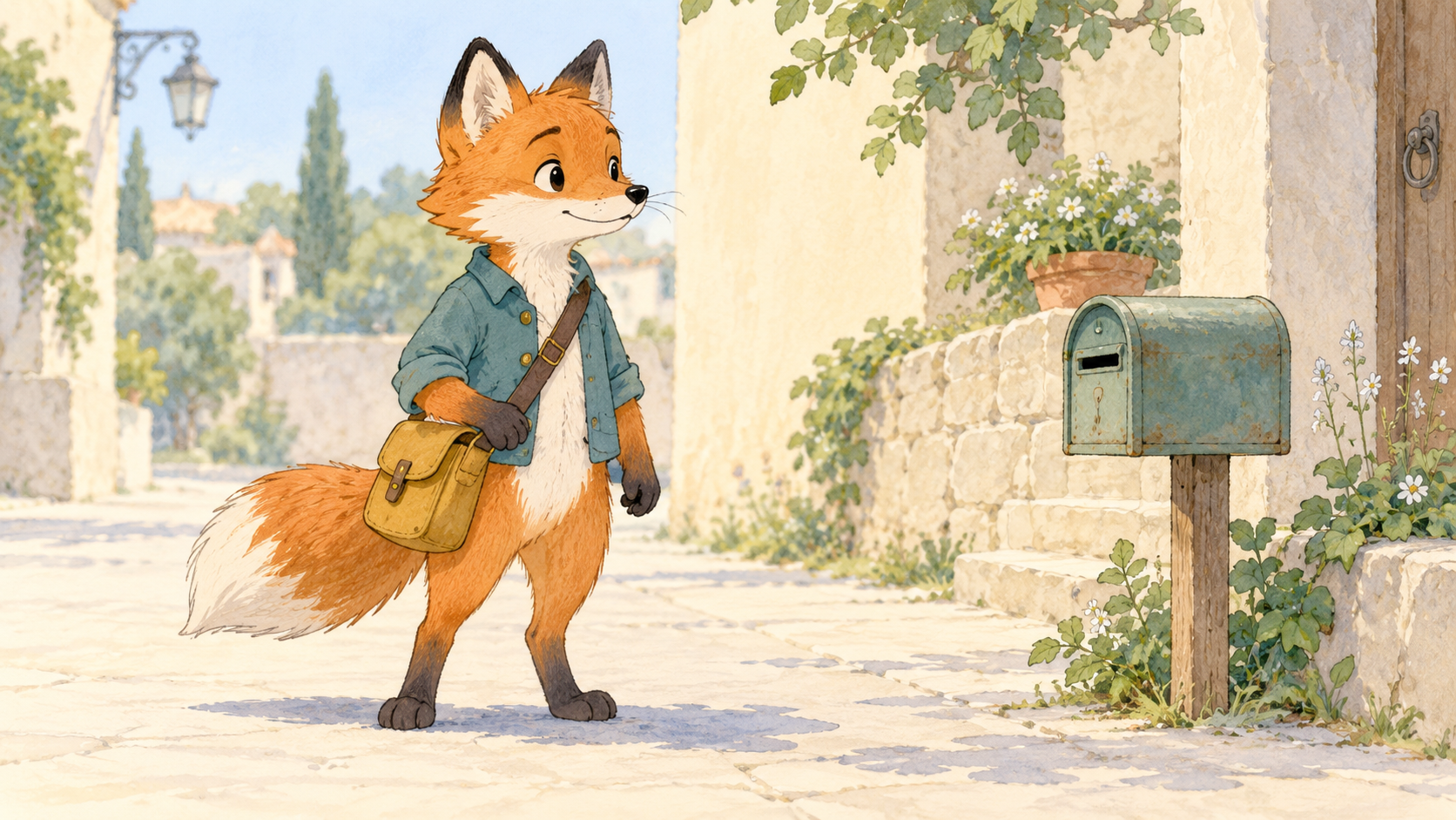 Original watercolor fox courier in a teal jacket with a mustard satchel beside a mailbox