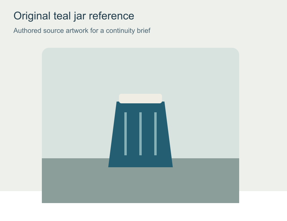 Original authored teal jar with three vertical ribs on a simple workbench