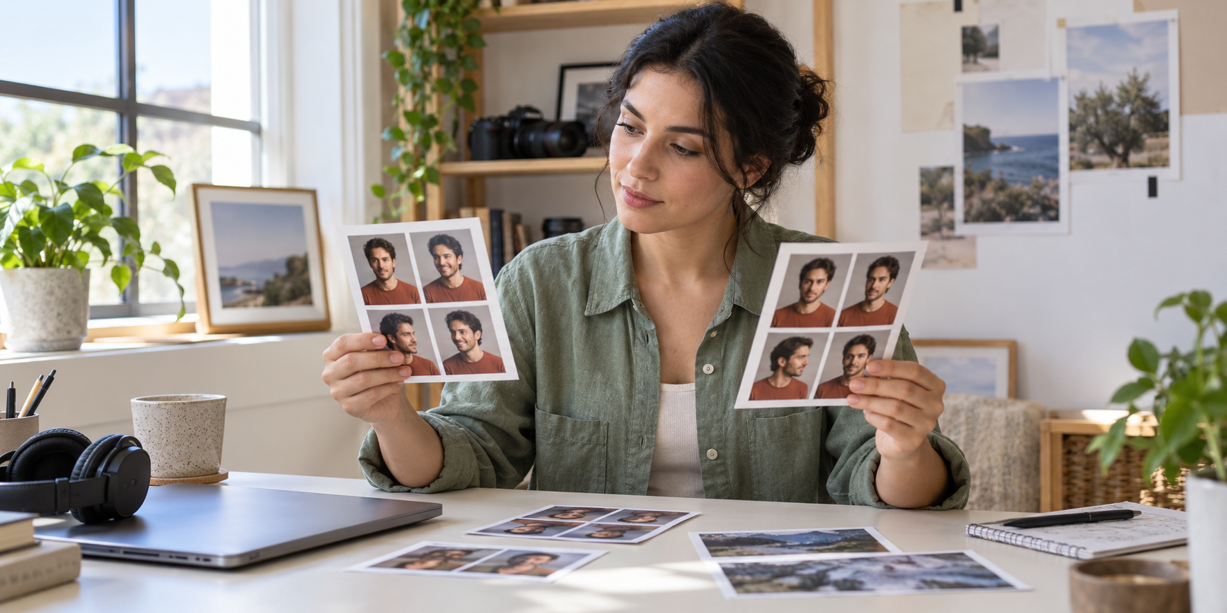 Original fictional editor comparing portrait contact sheets at a daylight desk beside headphones and a closed laptop