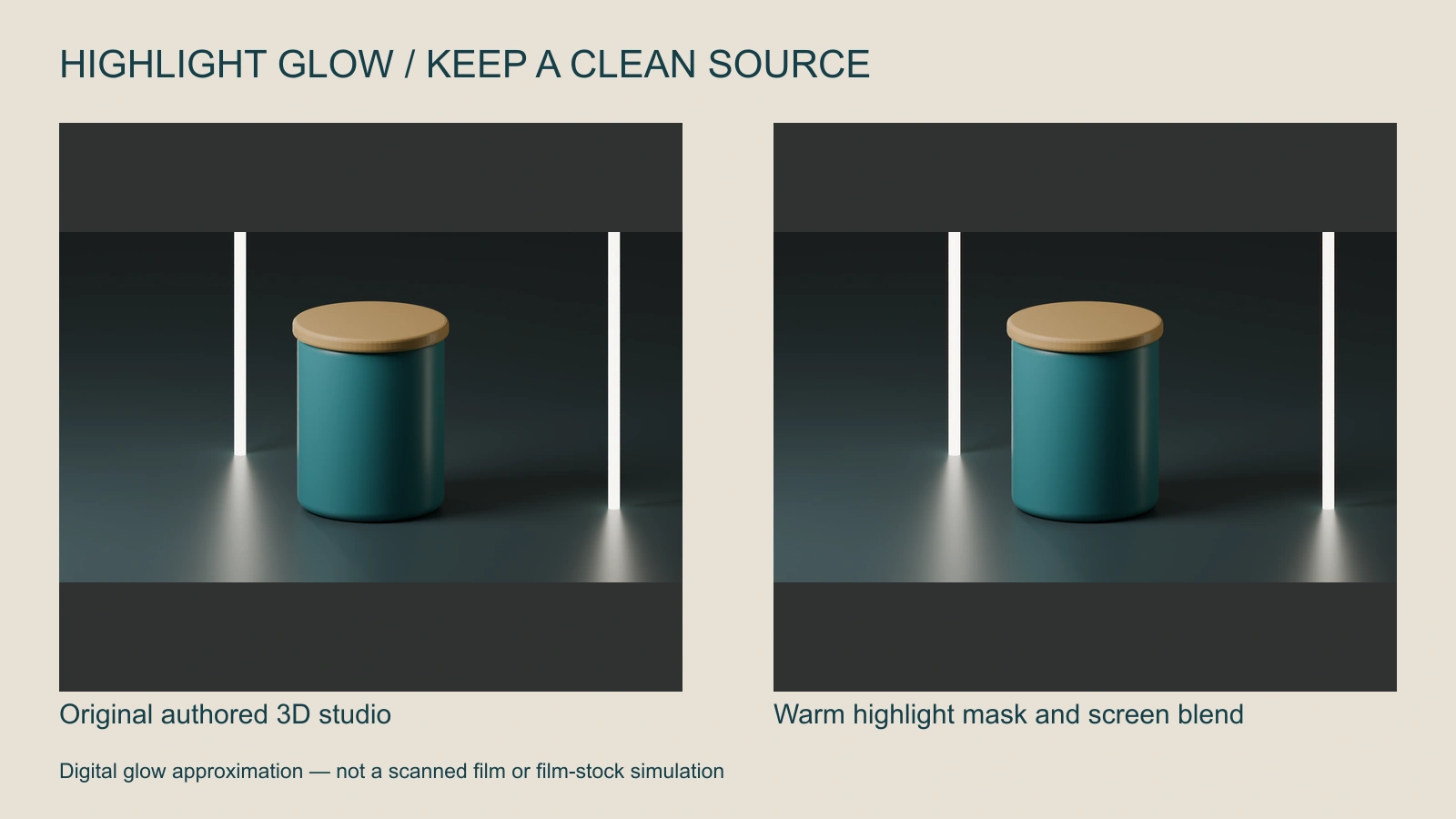 Original Blender jar and bright tube scene compared with a warm blurred highlight mask screened over the clean source