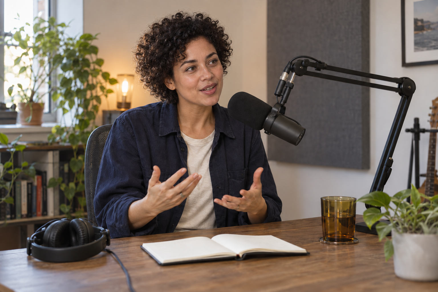 Whole-head trial with the source character short curls in the target podcast studio